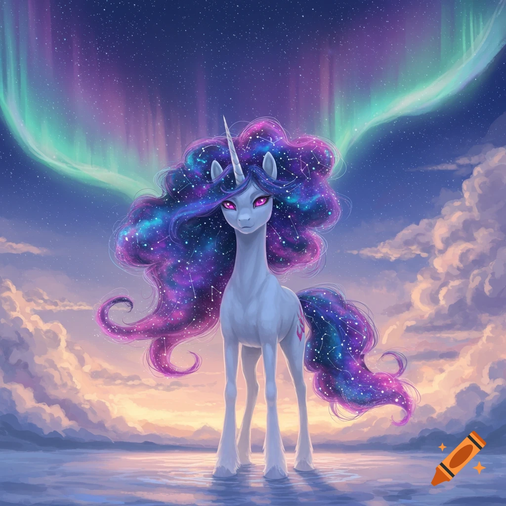 A white unicorn with a vibrant nebula mane and tail, and pink eyes, stands in water under a starry sky with aurora borealis.