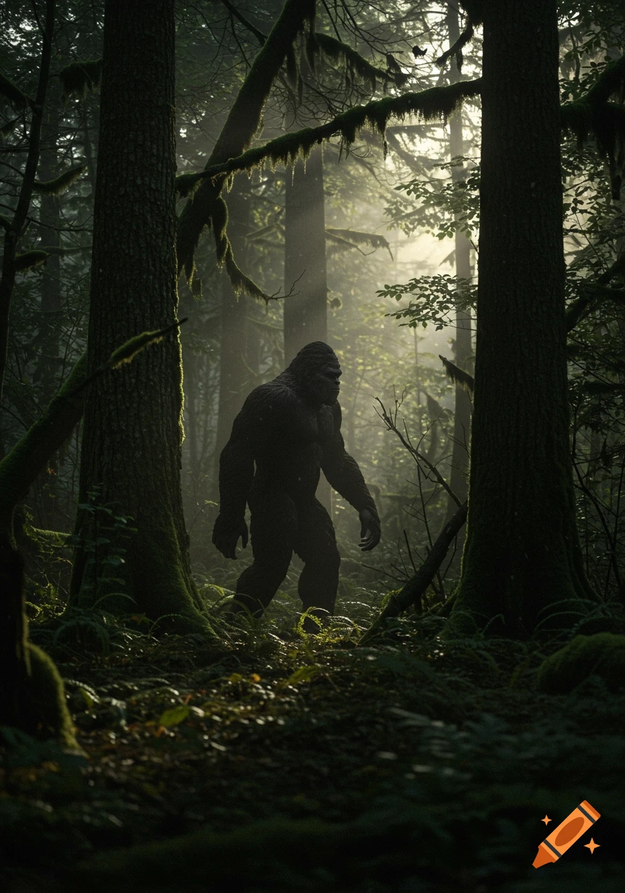 A dark, ape-like cryptid walks through a sunlit, misty forest, in a grainy trail cam style.
