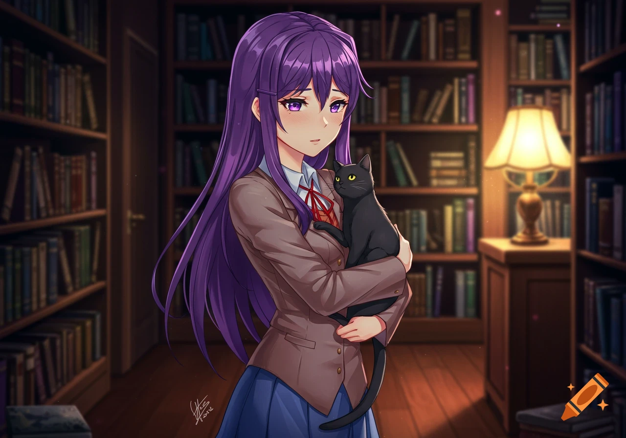 Anime girl with purple hair holding a black cat in a cozy library with bookshelves and a warm lamp.