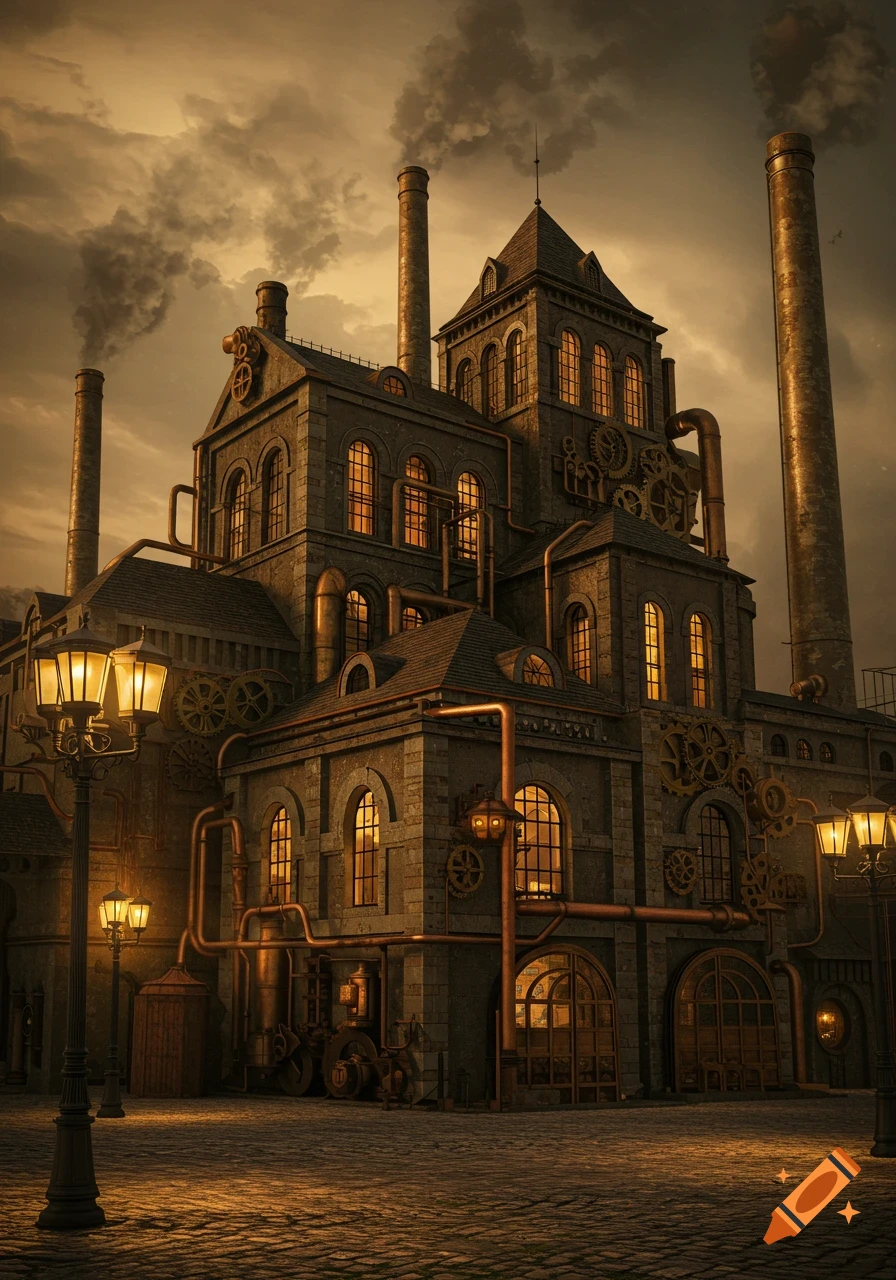 A grand steampunk factory building with tall chimneys, intricate gears, and glowing windows, illuminated by street lamps under a dramatic sky.