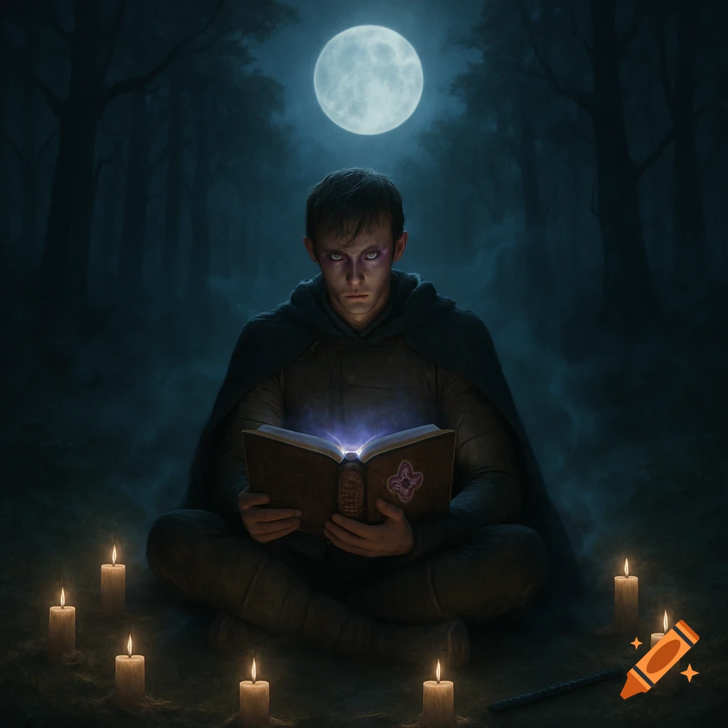 A young man in a dark cloak reads a glowing book in a candlelit forest under a full moon.