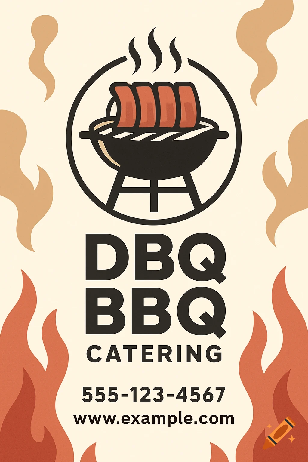A vector illustration for DBQ BBQ Catering featuring a black grill with ribs and steam inside a circle, surrounded by orange flame-like shapes, with contact information.