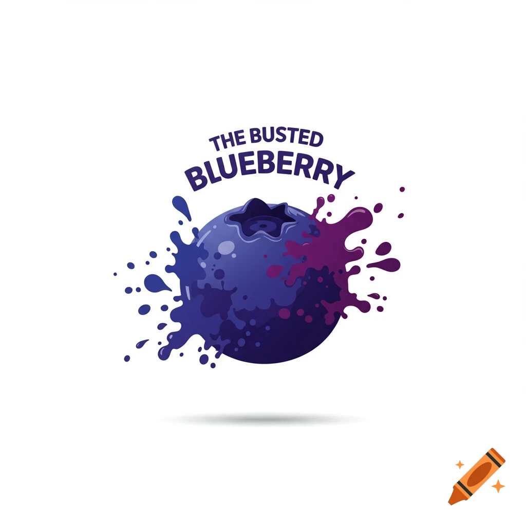 Logo for 'The Busted Blueberry' featuring a stylized blueberry with blue and purple splatters and a shadow.