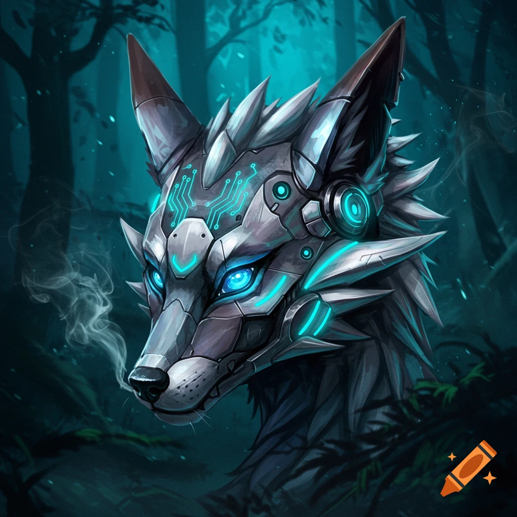 Close-up of a futuristic protogen creature with glowing blue eyes and circuit patterns on its head, in a dark teal forest.