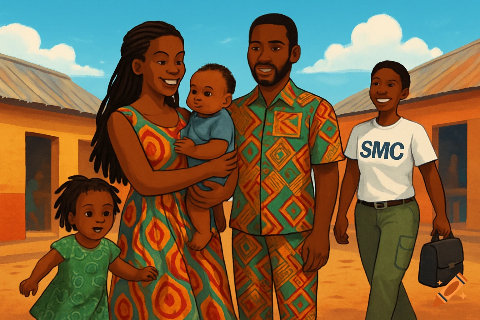 Illustrated African family with two children and a community health volunteer wearing an SMC shirt, standing outdoors.