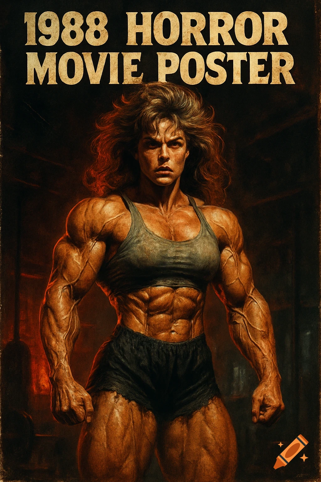 A retro 1988 style horror movie poster featuring a highly muscular female bodybuilder in a sports bra and shorts.