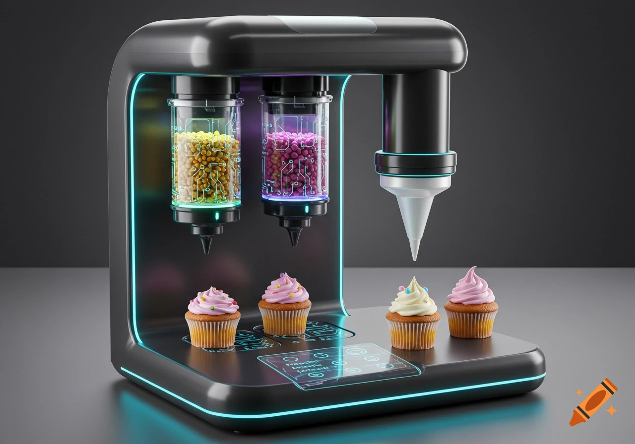 A futuristic black machine with glowing blue lights dispenses icing onto cupcakes from pods of colorful ingredients.