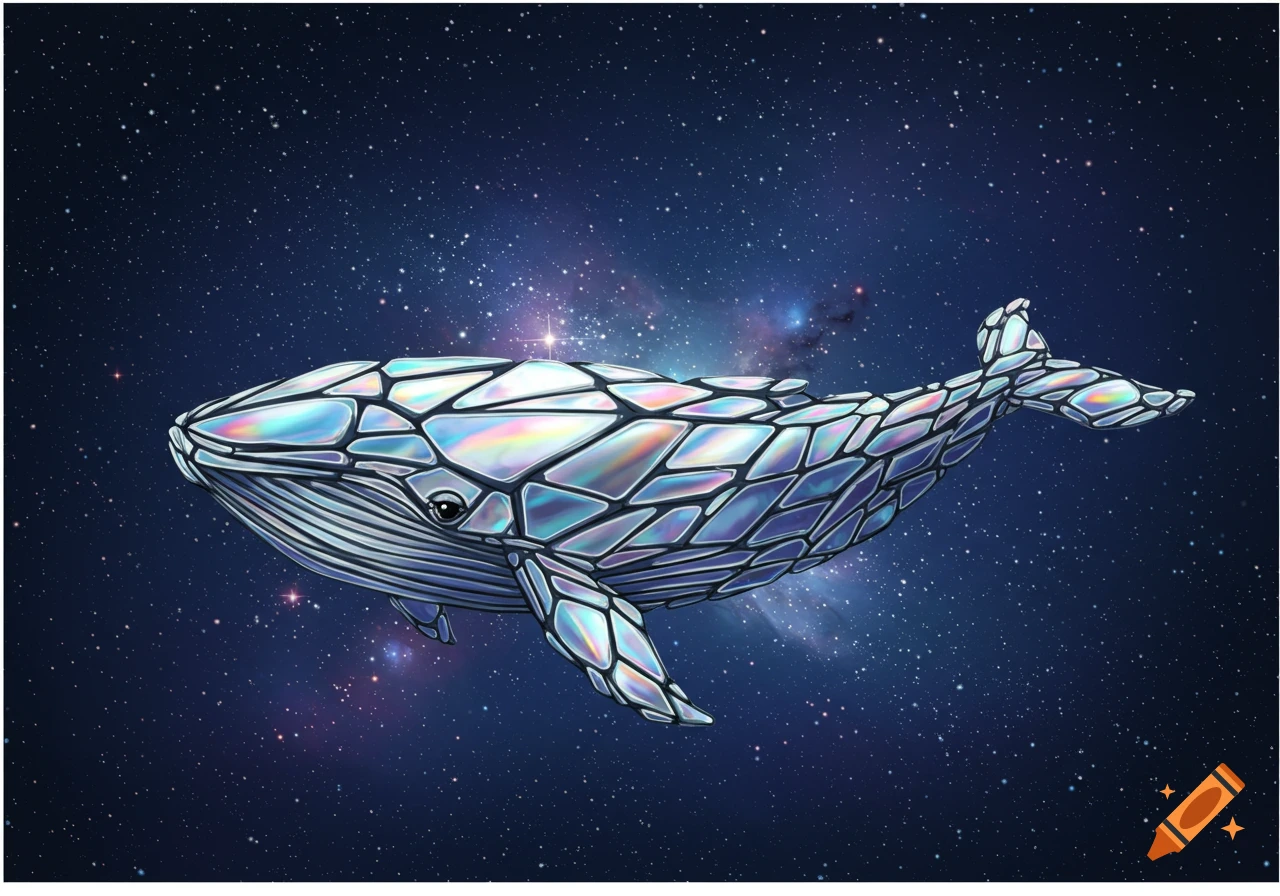 A stylized whale with a faceted, iridescent body swims through a starry cosmic background.