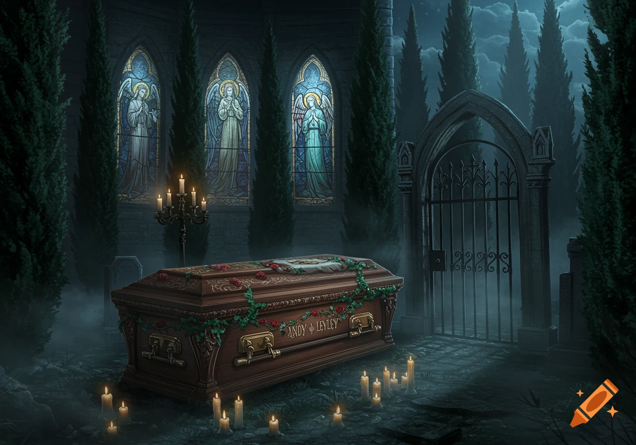 A wooden coffin adorned with roses and vines, surrounded by candles in a misty gothic graveyard with stained glass windows and tall trees.