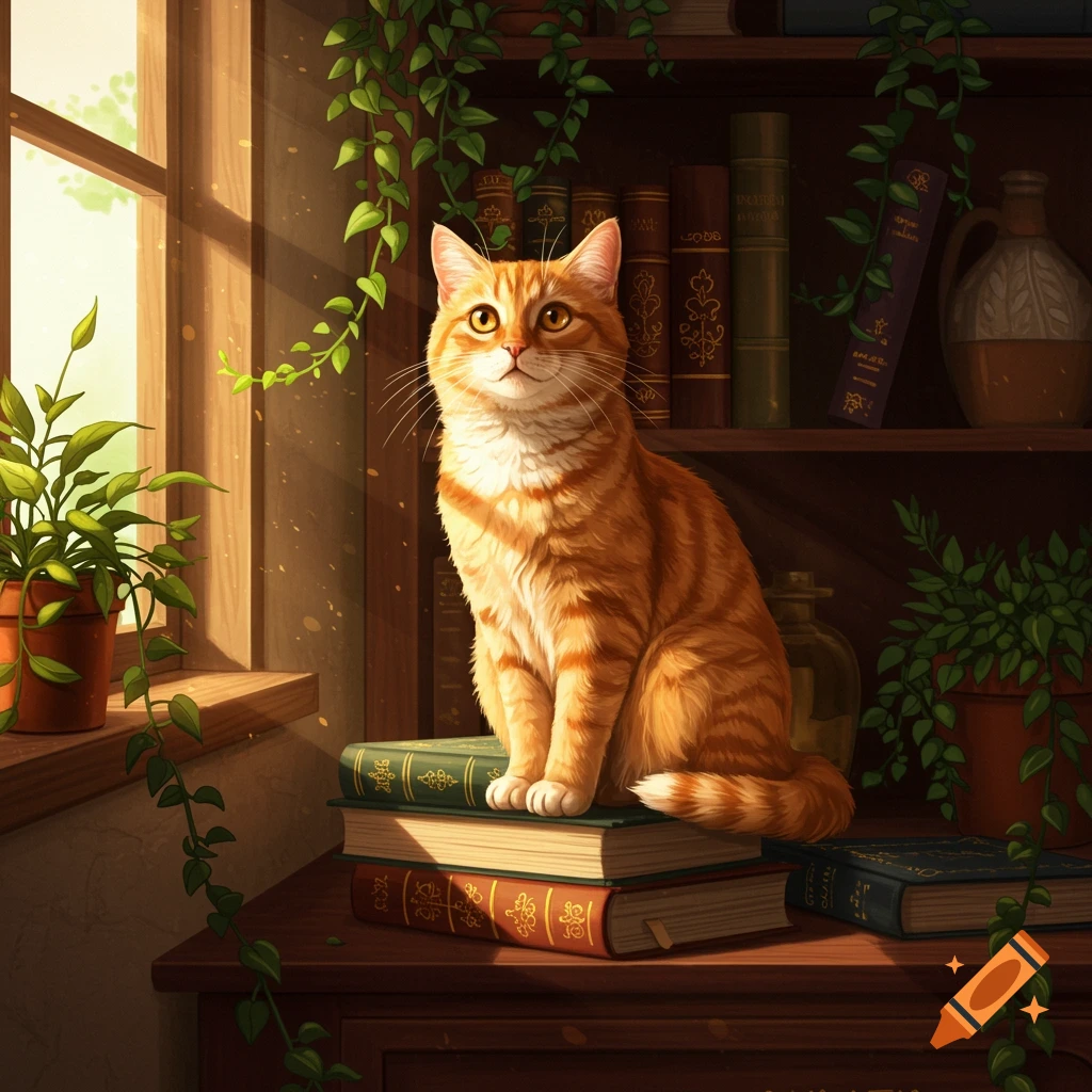 An orange tabby cat sits on a stack of old books beside a sunlit window with green plants.