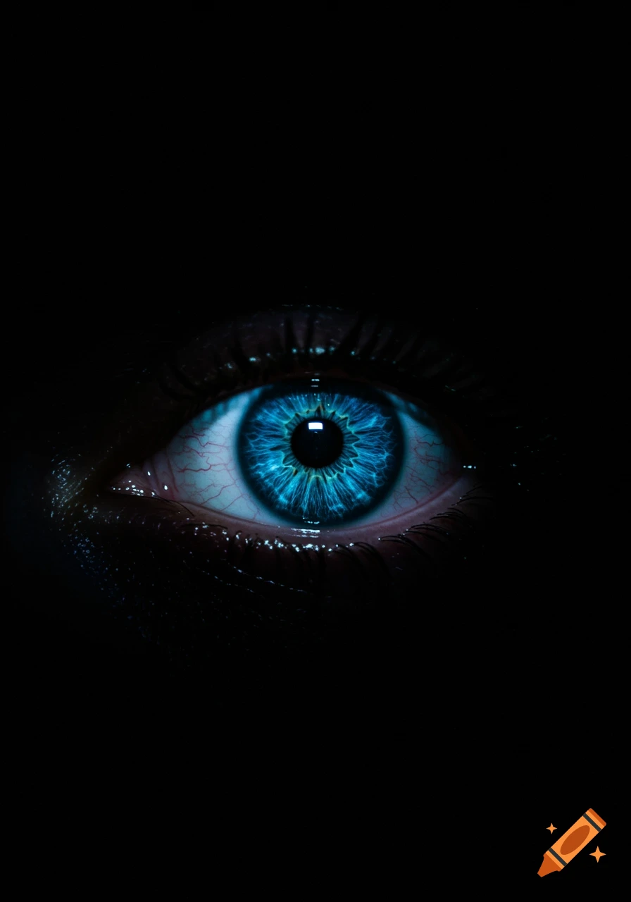 A striking close-up of a vibrant blue human eye with intricate details, set against a dark black background.