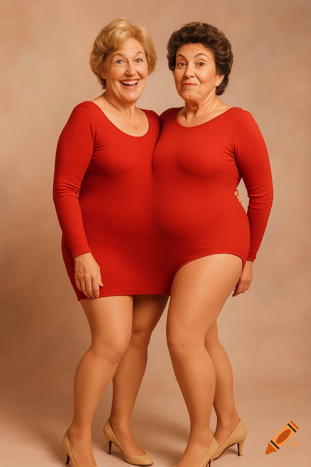 Two older women in a red leotard and tights creating a two-headed person costume illusion, smiling at the camera.