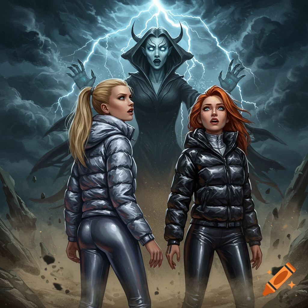 Two women in winter jackets and shiny leggings look up in fear at an evil sorceress with glowing eyes and horns, surrounded by lightning.