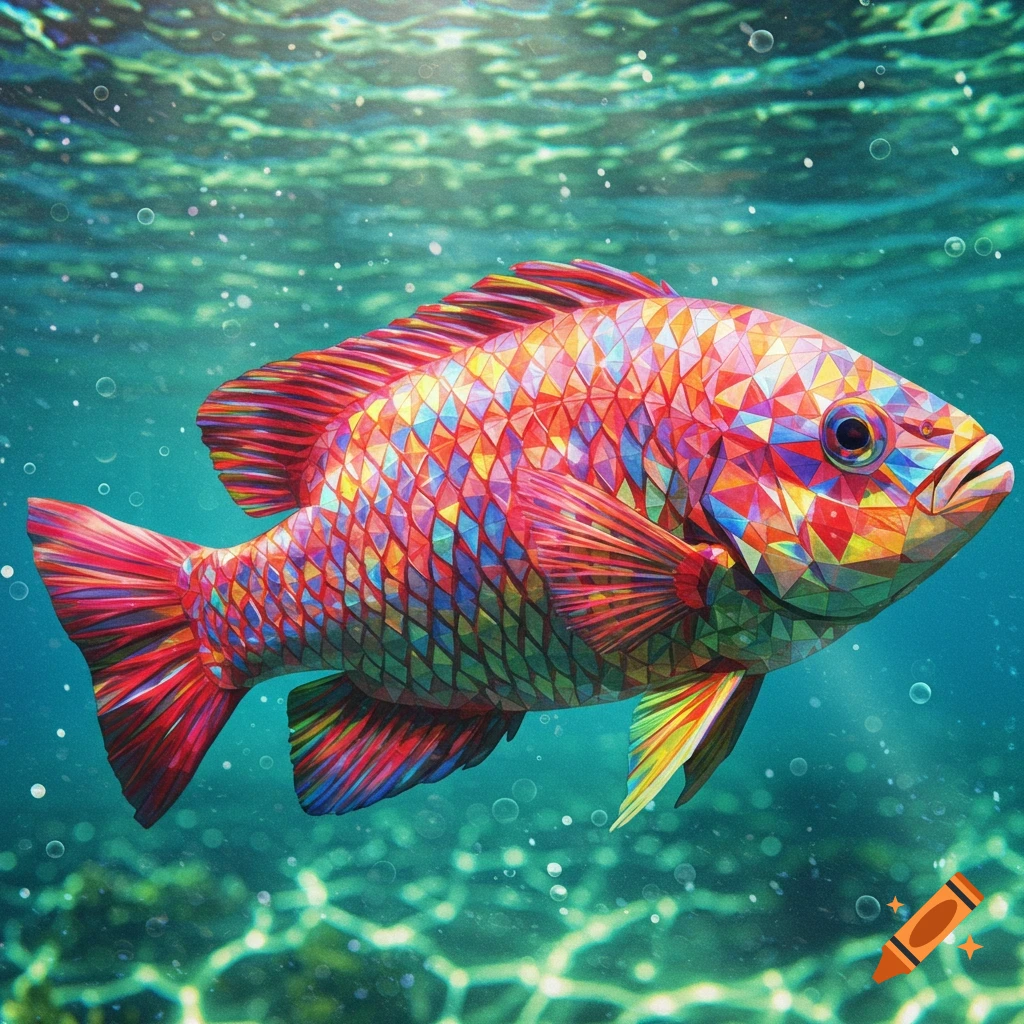 A vibrant, cubism-style fish with multicolored geometric scales swims underwater with light rays and bubbles.