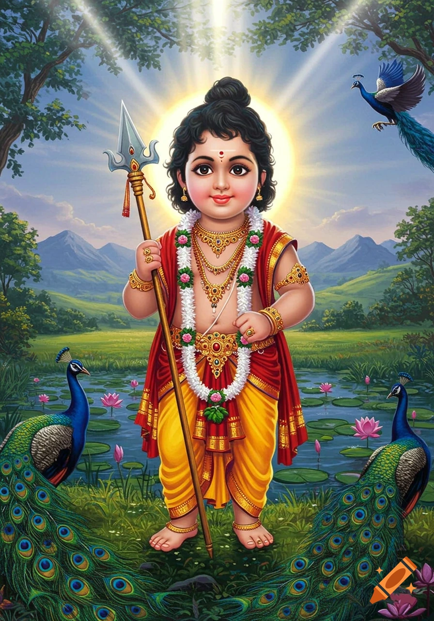 Young Lord Murugan stands holding a spear in a vibrant landscape with peacocks, a lake, and sunbeams.