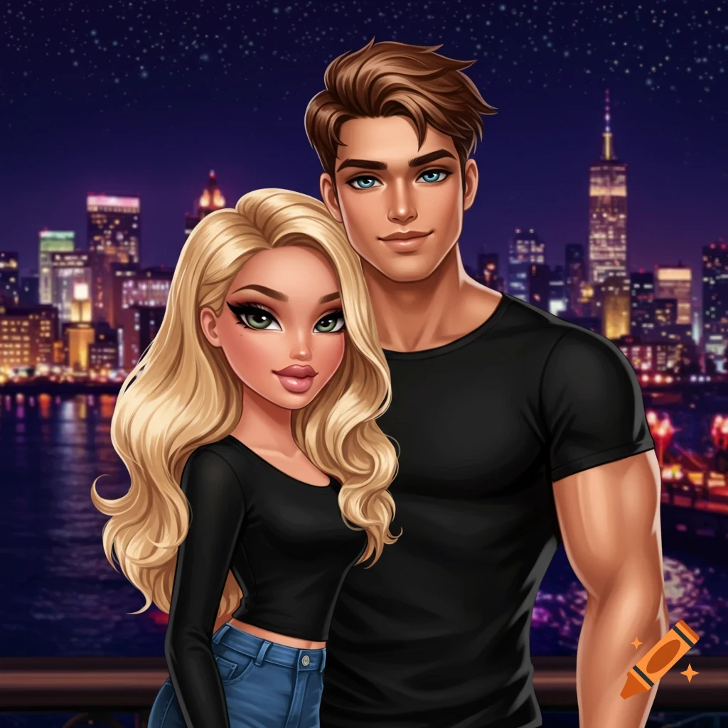 A cartoon-style couple, a blonde woman and a brown-haired man, stand against a nighttime city skyline, inspired by Disney and Bratz dolls.