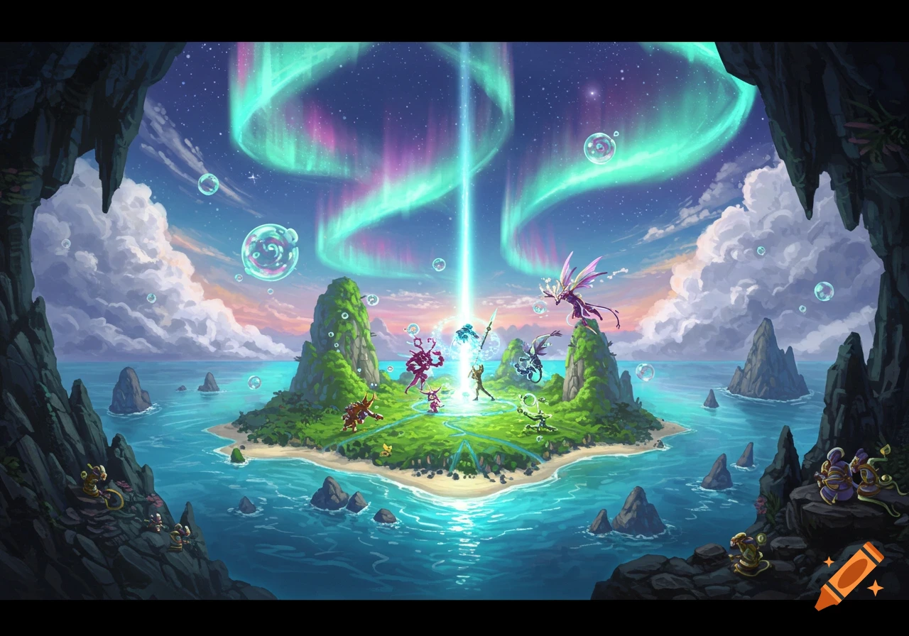 A vibrant fantasy island scene from a cave entrance, with magical creatures gathered around a light beam under aurora skies.