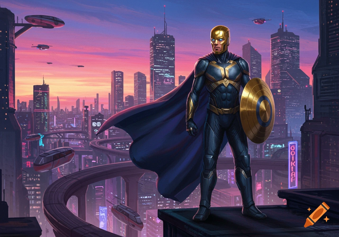 A superhero in a blue and gold suit with a cape and shield stands on a building rooftop overlooking a futuristic city at sunset.