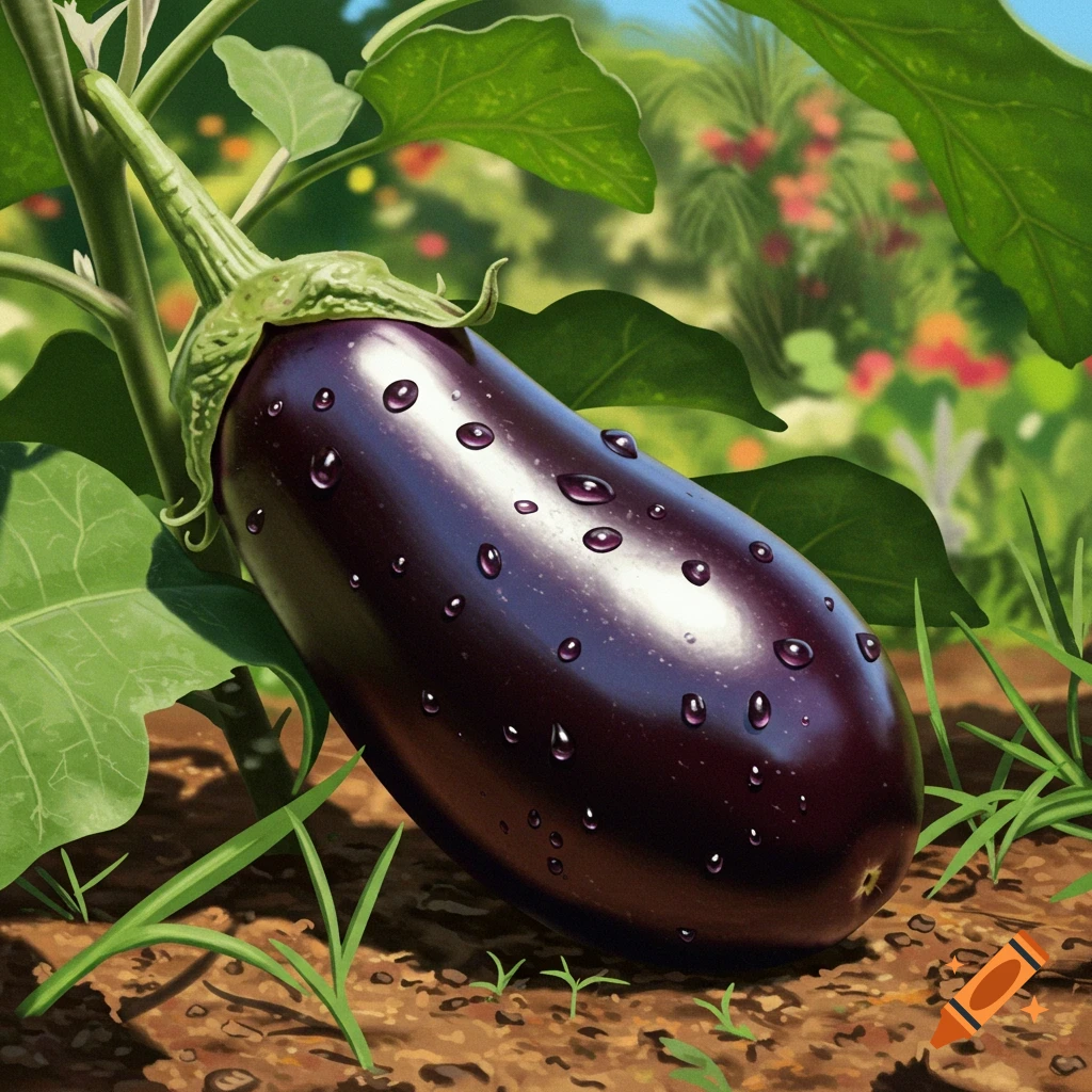 Close-up of a dark purple eggplant with water droplets growing in a garden.