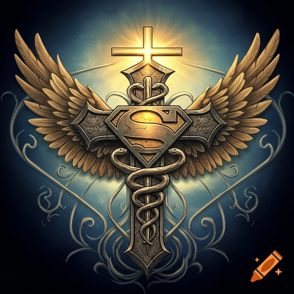 An intricate emblem featuring a weathered stone cross with a glowing Superman 'S' logo, flanked by golden wings. A caduceus symbol with two snakes wraps around the cross, all against a dramatic blue background with light rays.
