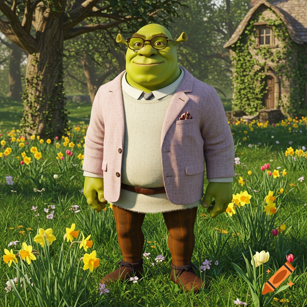Photorealistic image of Shrek in a preppy pink blazer, sweater, and glasses, standing in a field of yellow flowers.