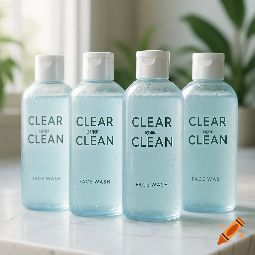 Four clear bottles of 'CLEAR CLEAN' face wash on a white counter in a bright room.