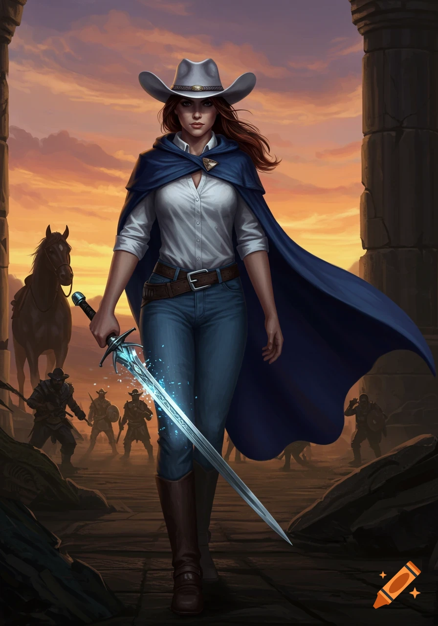 A fierce cowgirl in a hat and blue cape strides forward, holding a glowing sword, with enemies and a horse in the background at sunset.