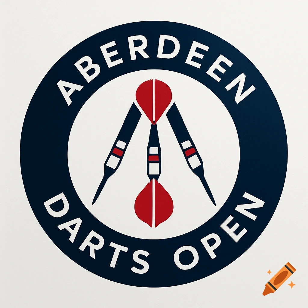 A circular blue and white logo for the Aberdeen Darts Open, with three red darts forming an A in the center.