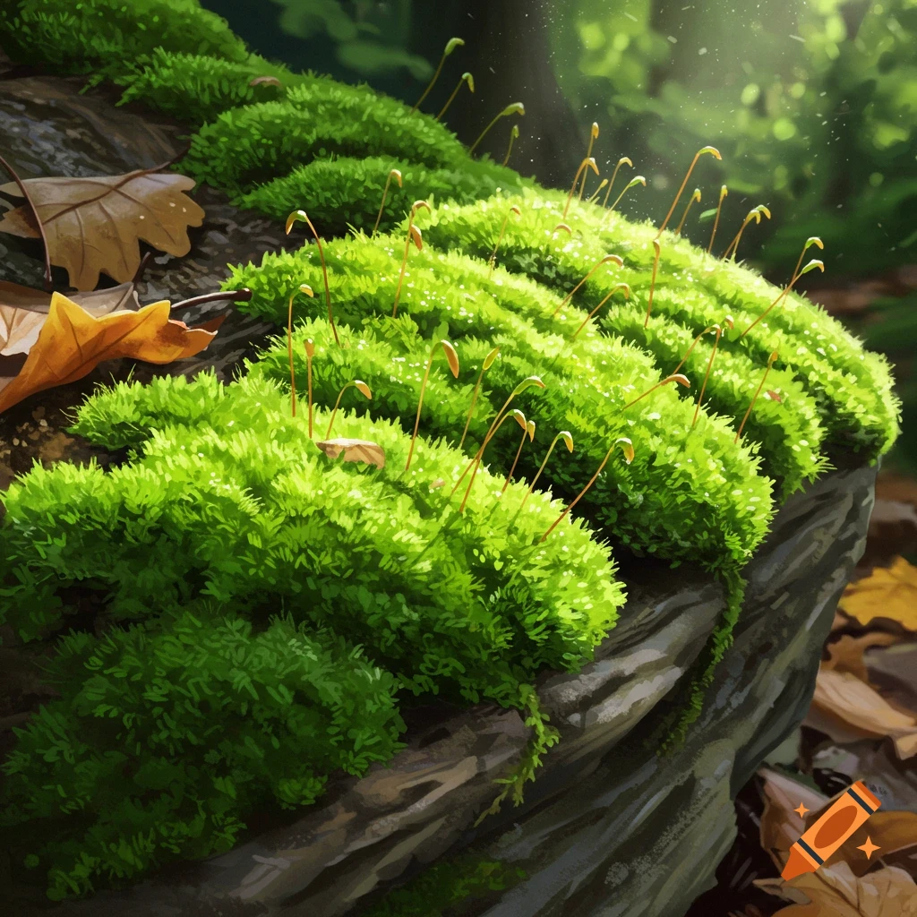Vibrant green moss covers rocks on a sunlit forest floor with fallen autumn leaves.