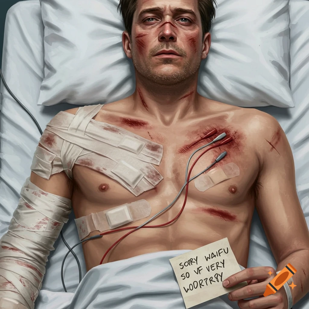 A man lies in a hospital bed, looking dazed with bloodied injuries and bandages on his chest and arm, holding a note.