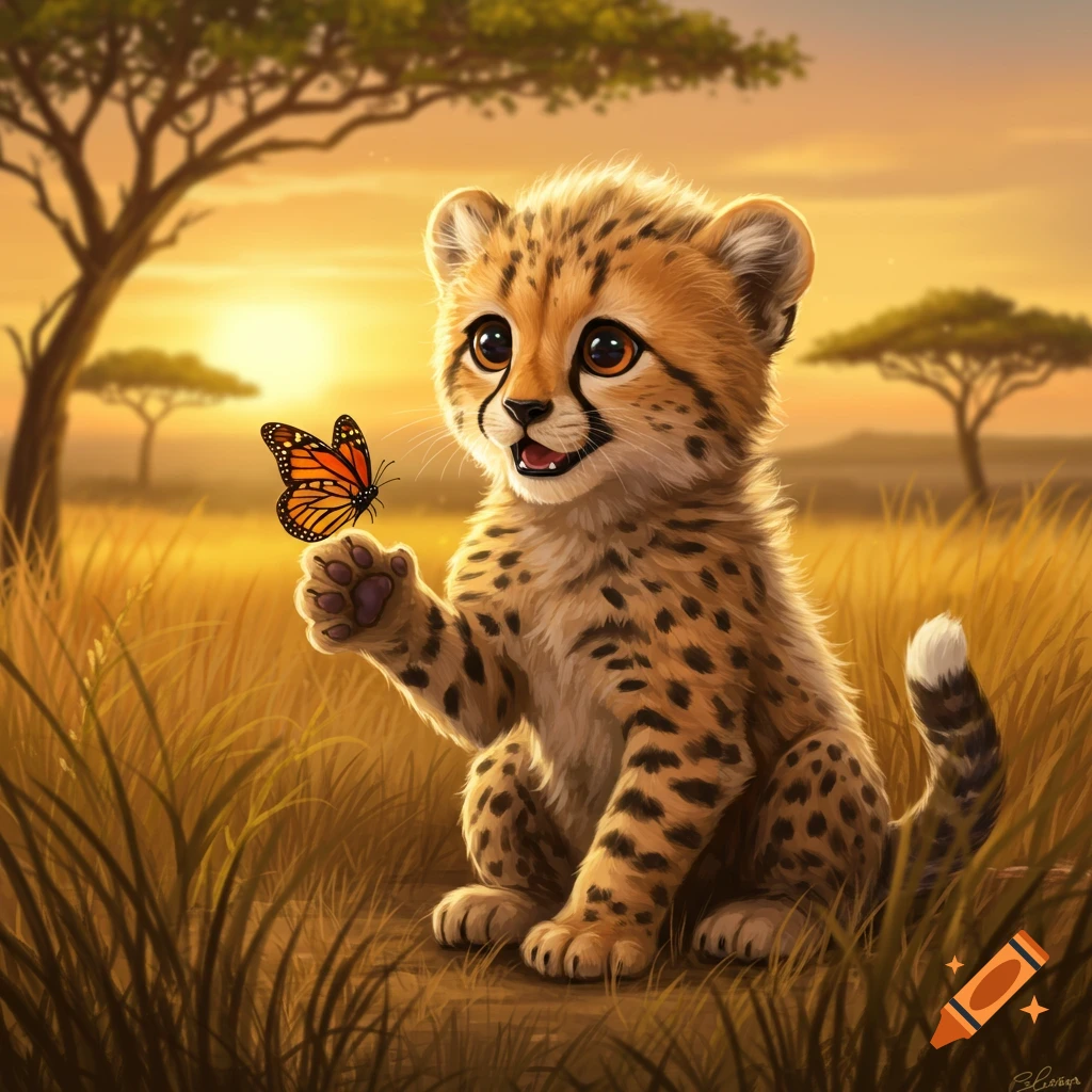 An adorable cartoon baby cheetah sits in a golden savanna, gently touching a monarch butterfly on its paw at sunset.