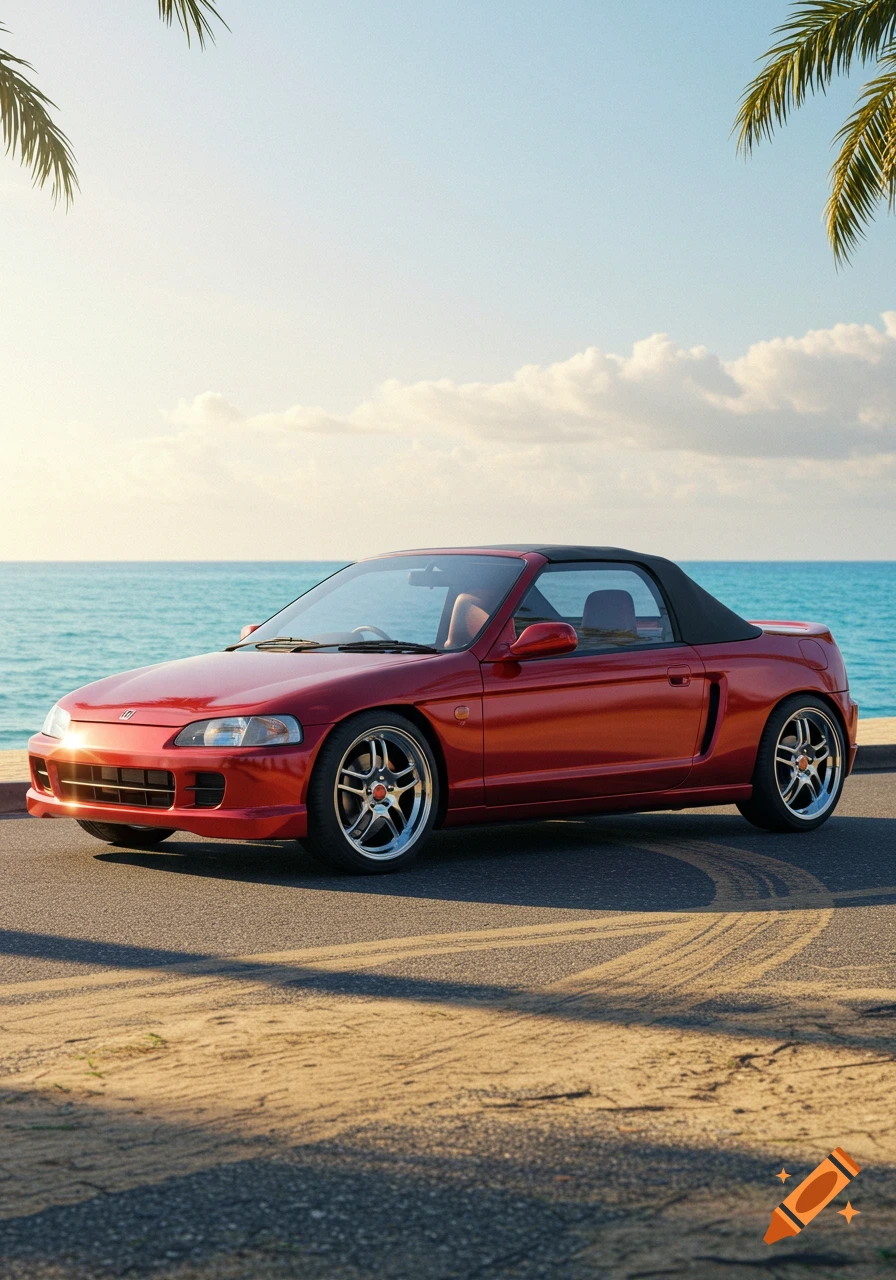 A red Honda Beat convertible parked on an asphalt road next to a sunny beach with clear blue water and sky.