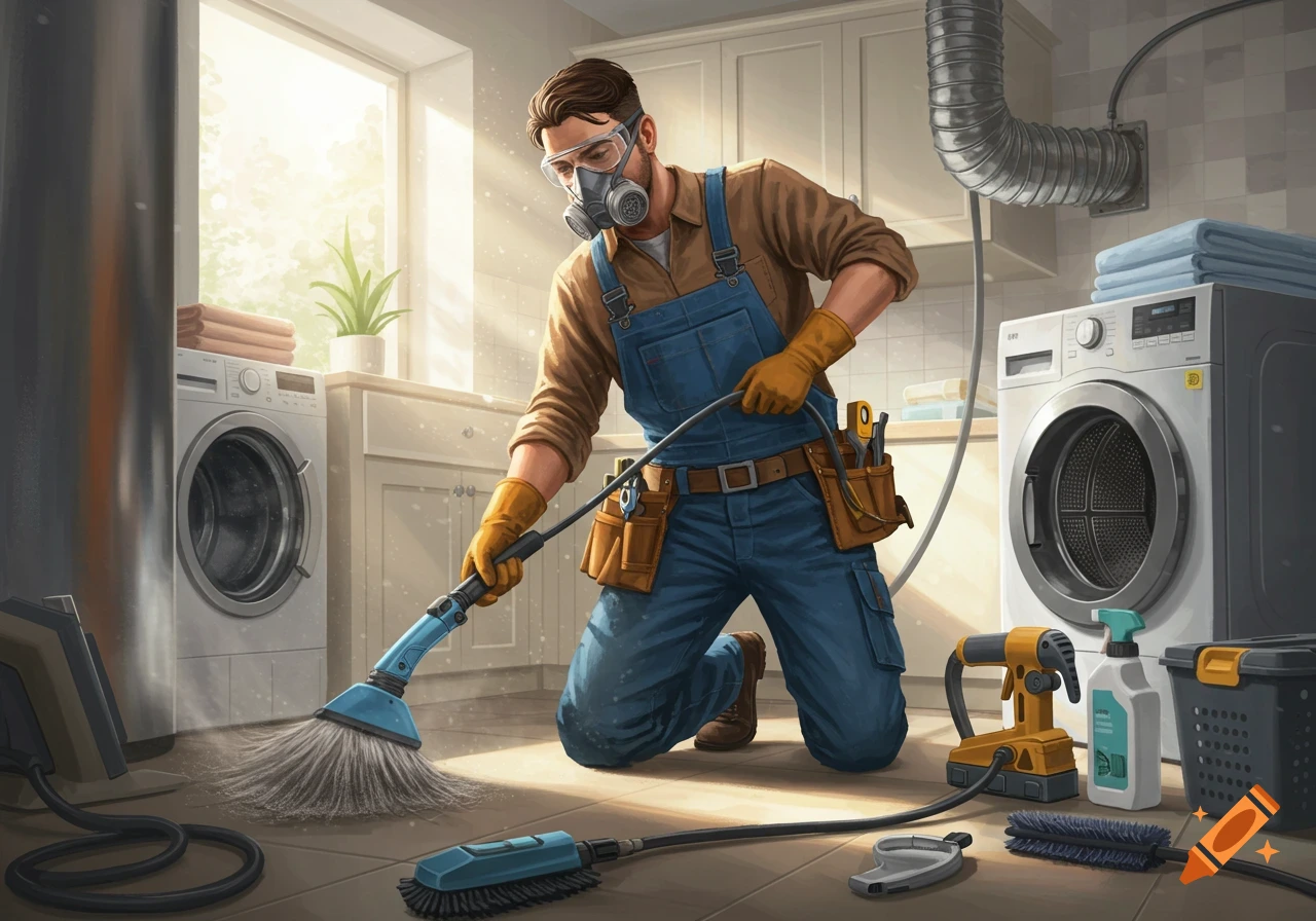 A man in overalls, safety goggles, and a respirator mask kneels while cleaning a floor in a laundry room with a dryer vent cleaning tool. Washing machines are in the background.