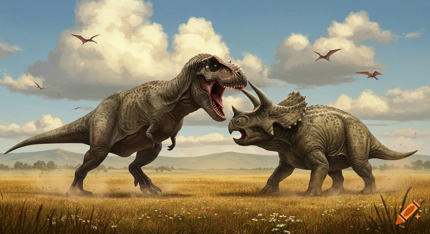 A tyrannosaurus rex and triceratops confront each other in a wide, grassy field under a cloudy blue sky, with pterodactyls flying.