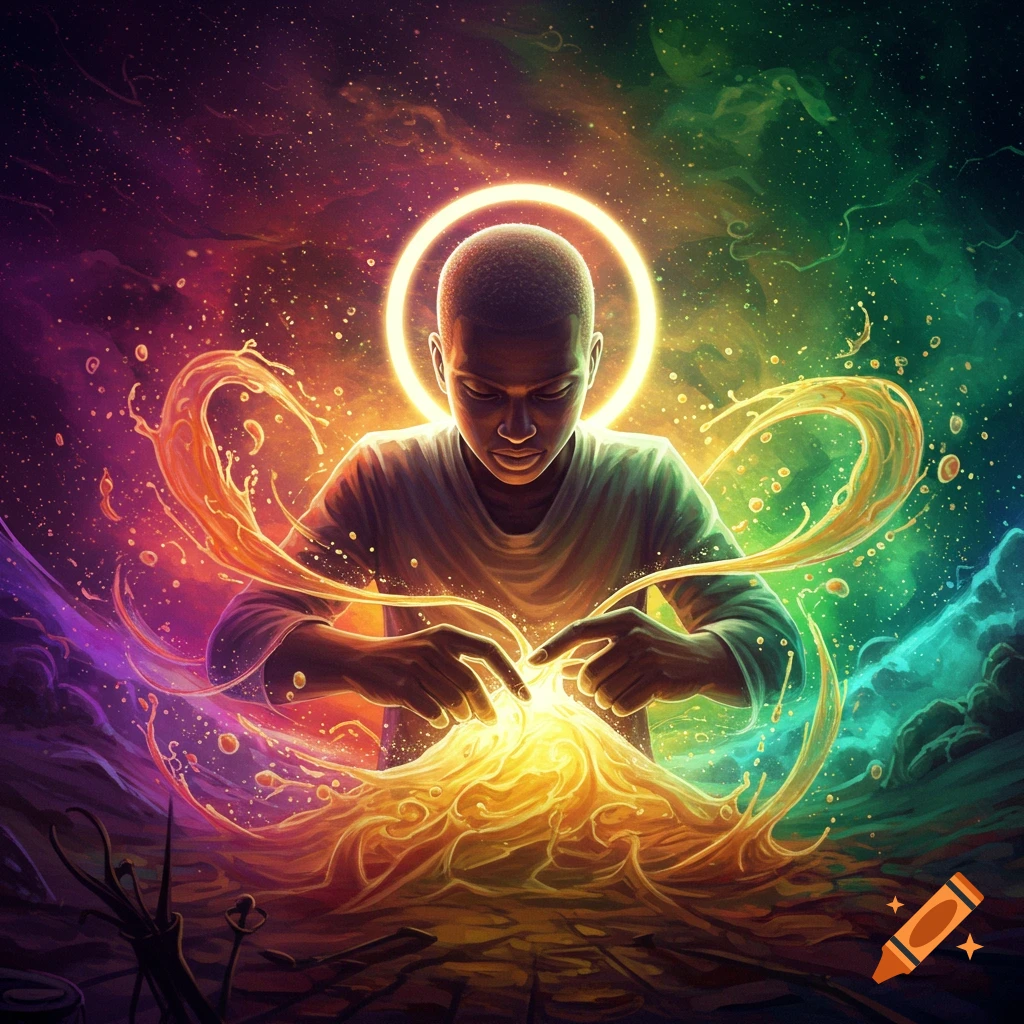 A person with a glowing halo around their head manipulates vibrant, swirling energy and light in a cosmic, colorful space.