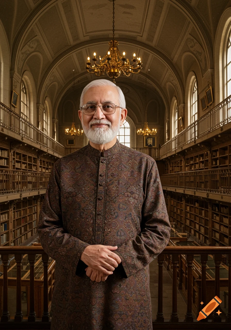 Photorealistic portrait of a man with a white beard and glasses wearing a patterned brown tunic, standing in a grand library with arched ceilings and bookshelves.
