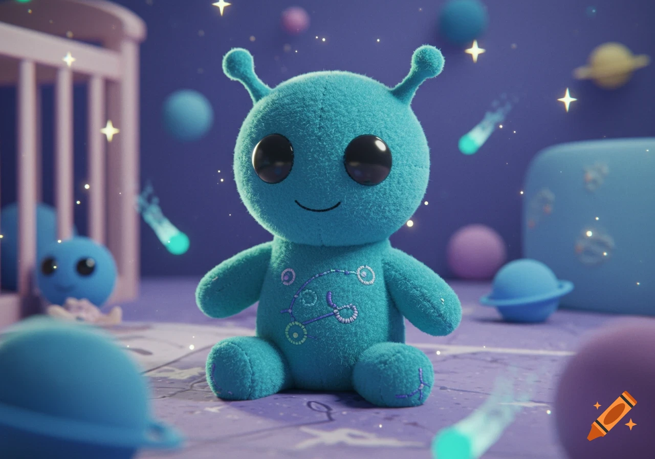 A teal alien plush toy with large black eyes and a small smile sits on a purple surface in a nursery with space-themed decorations and sparkling stars.