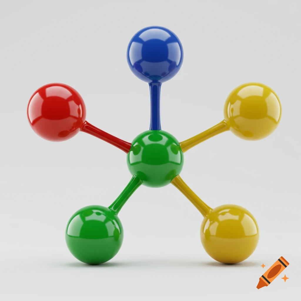 A 3D render of a colorful molecular model with five connected spheres on a white background.