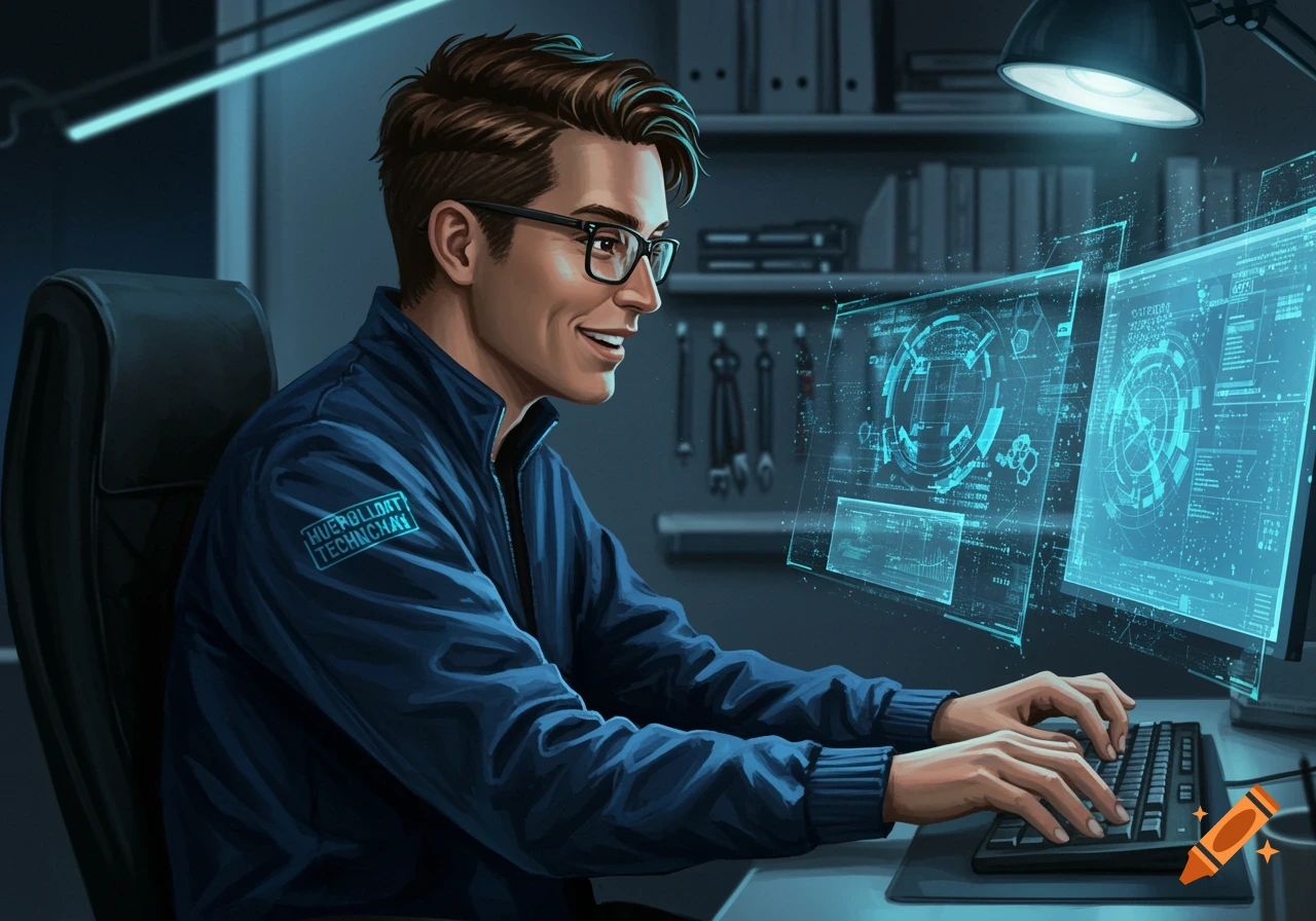 Smiling man in glasses typing on keyboard, viewing futuristic holographic screens in a dark room, digital art style.