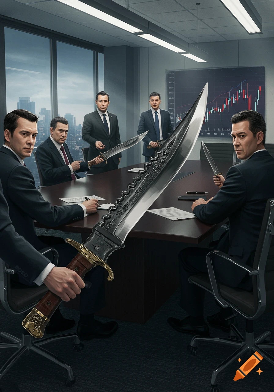 Several men in suits at a corporate meeting table, each holding a large tactical knife. A stock chart is on a screen in the background.