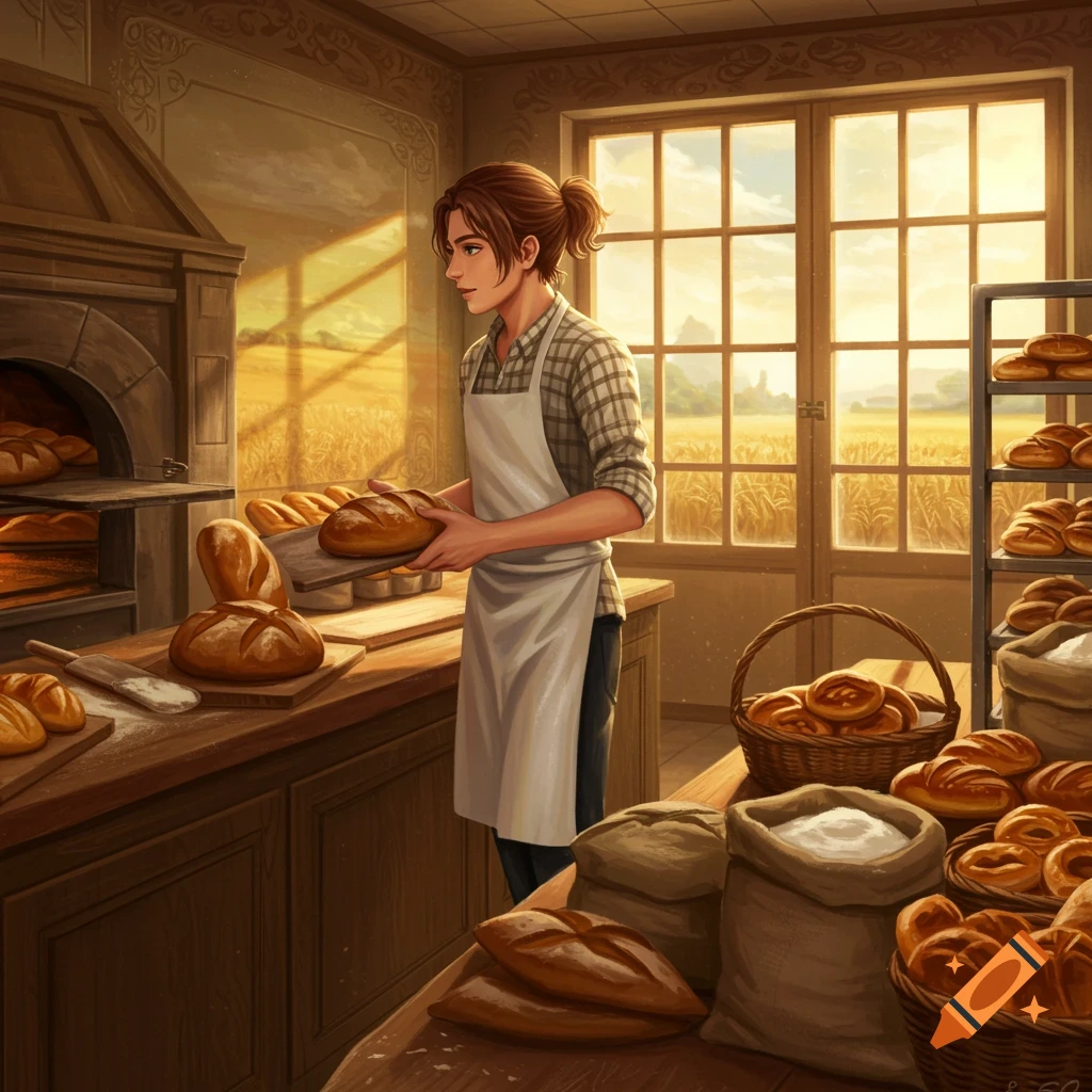A male baker holding a fresh loaf of bread in a rustic bakery, with an oven and a window overlooking a golden wheat field.