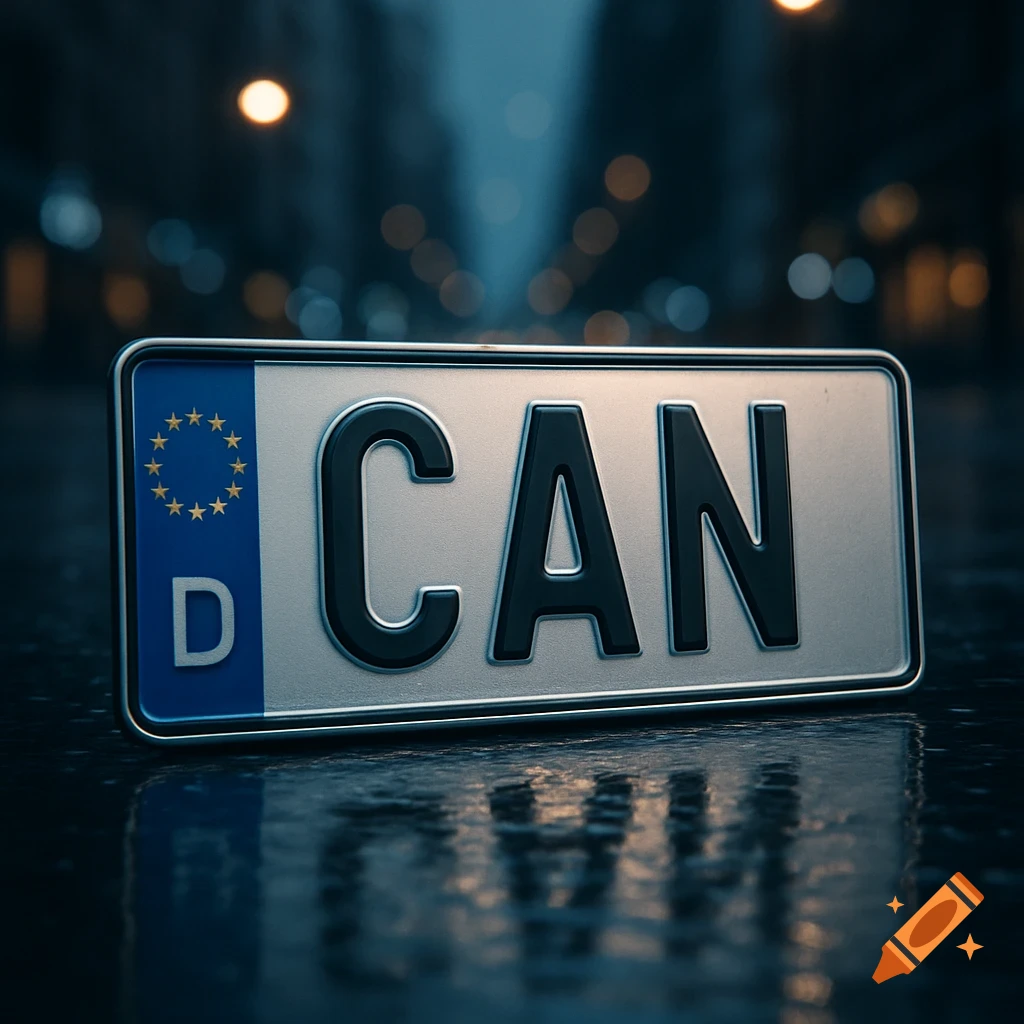 A photorealistic close-up of a silver European Union style license plate with the letters CAN and a blue strip with a D and stars.
