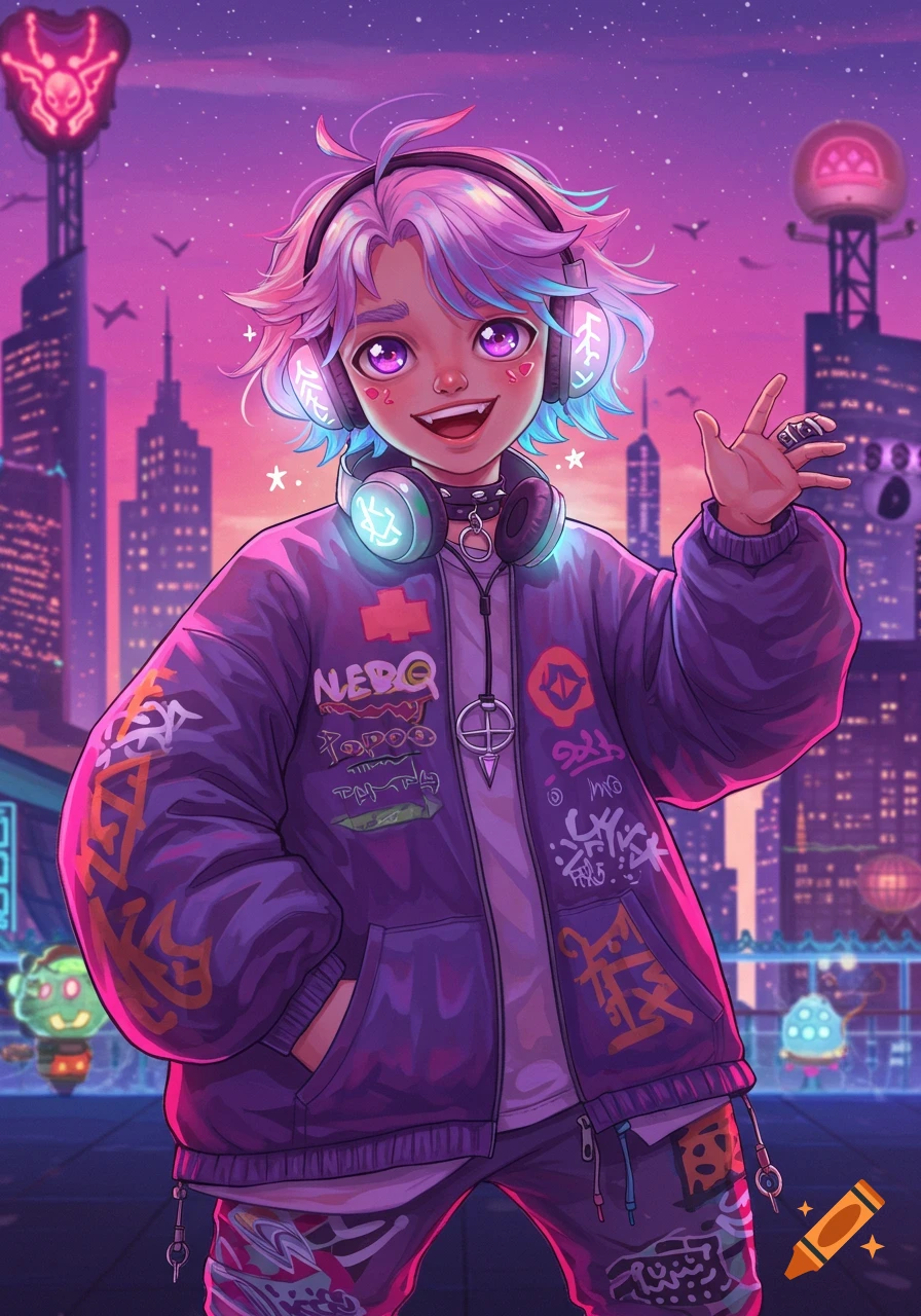 Playful pastel-haired boy in streetwear with glowing headphones waves against a vibrant city skyline.