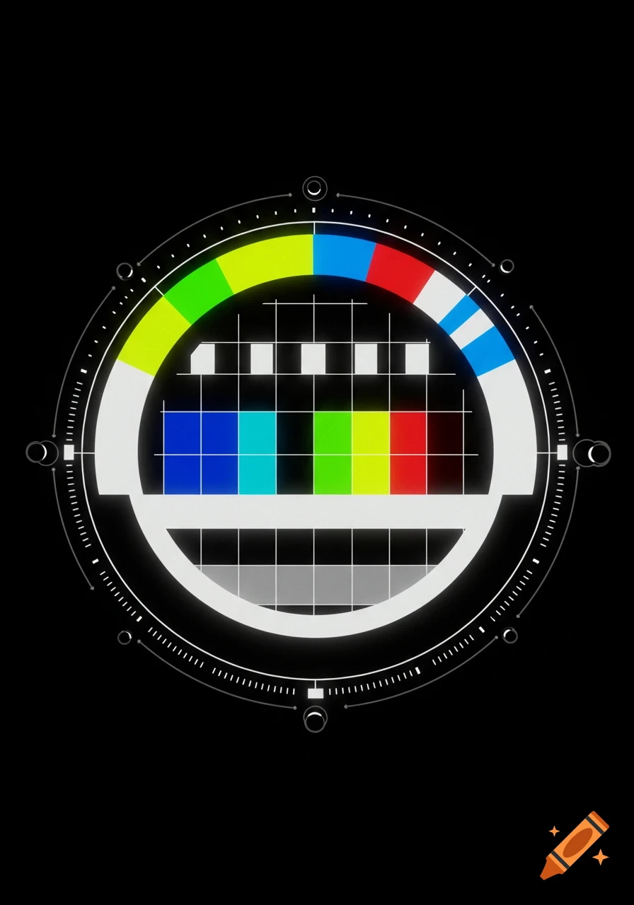 A classic television test card pattern with colorful bars and concentric circles on a black background.
