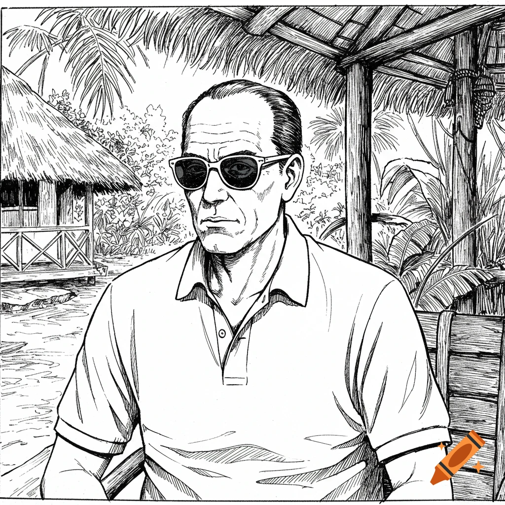A black-and-white ink drawing of a serious middle-aged man in sunglasses and a polo shirt, seated in a tropical setting.