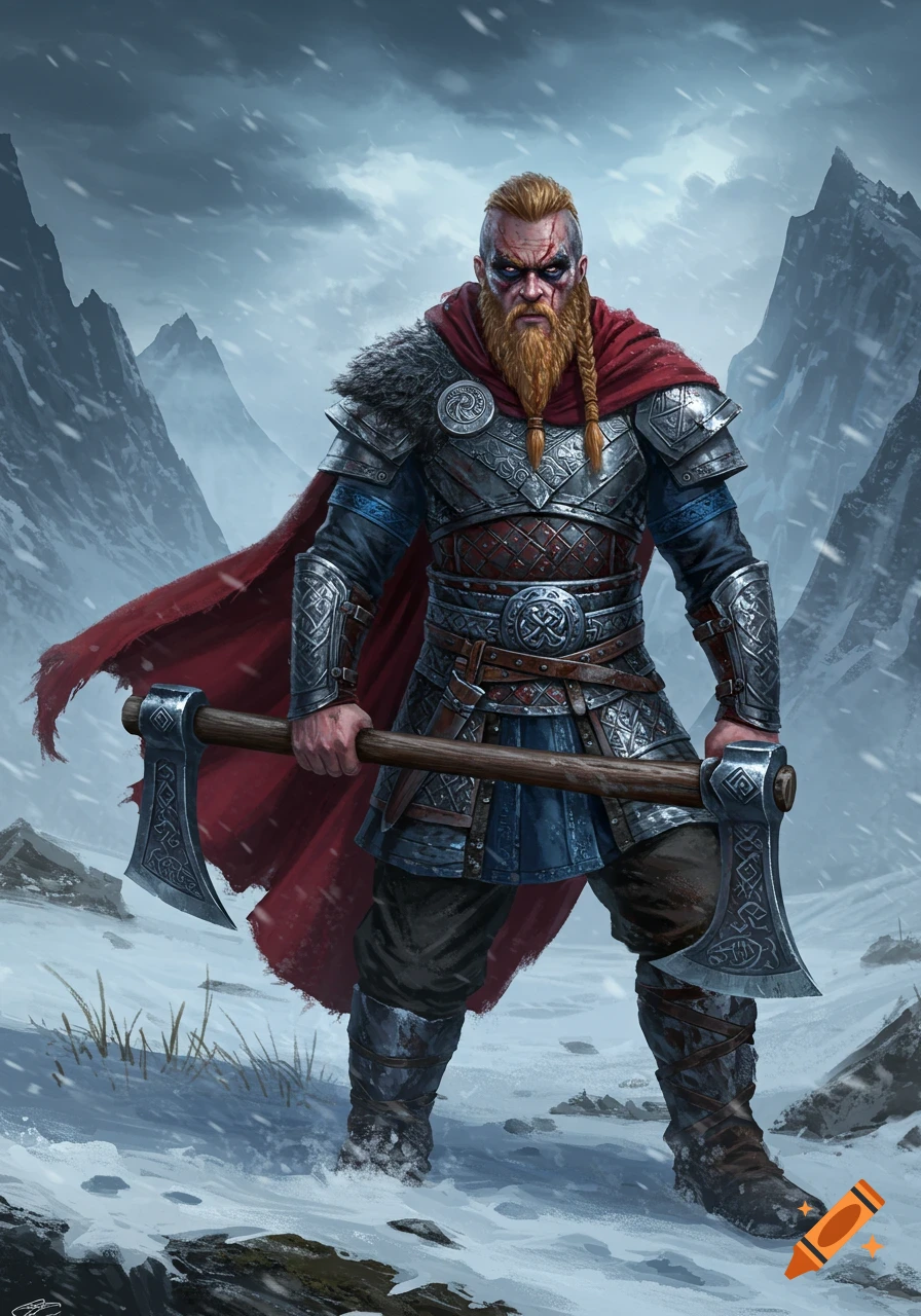 A formidable Viking warrior with a red cape and fur armor stands in a snowy mountain landscape, holding a large double-bladed axe.