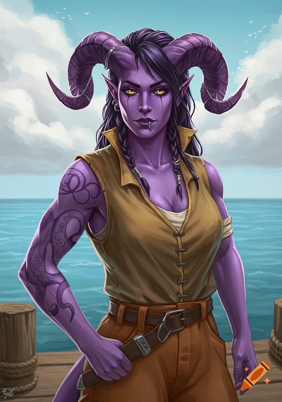 A strong purple-skinned Tiefling woman with large horns, golden eyes, and an octopus tattoo on her arm, stands on a wooden pier by the sea.