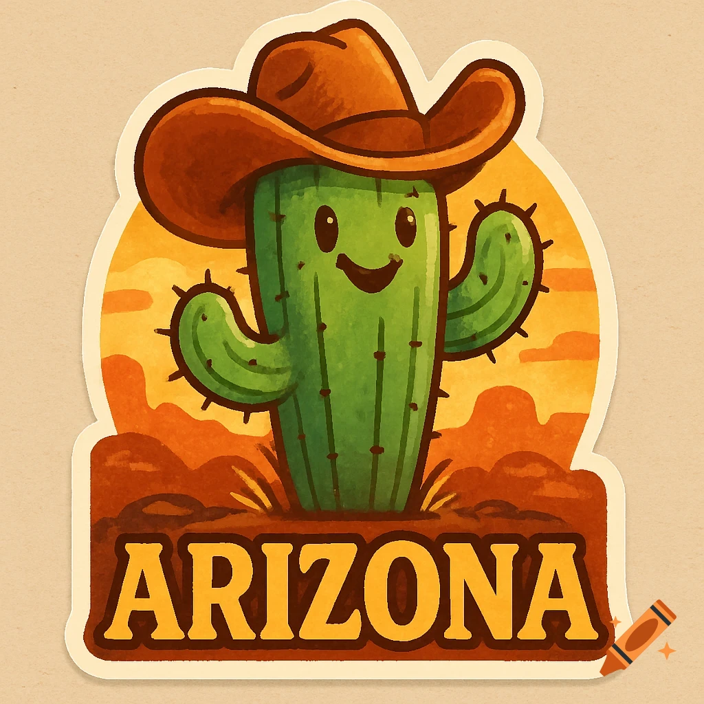 Cute cartoon cactus in a cowboy hat sticker with 'ARIZONA' text, featuring a desert background.