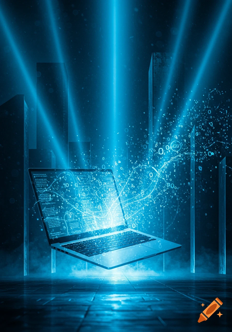A glowing laptop floating in a dark, blue-lit space with abstract buildings, emitting streams of digital data and light.