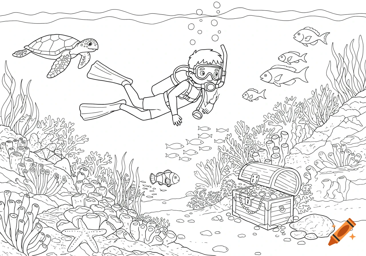 A black and white line drawing of a child scuba diver exploring an underwater scene with a turtle, fish, coral, and a treasure chest.